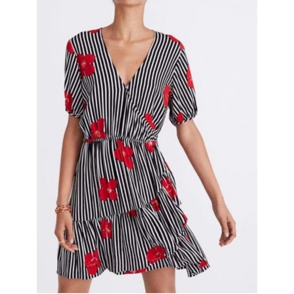 Madewell Bianca Faux Wrap Black & White Striped Mini Dress w/ Poppy: Sz 8